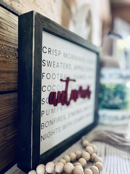 Autumn Farmhouse Sign – Raised Lettering Fall Décor with Cozy Word Collage