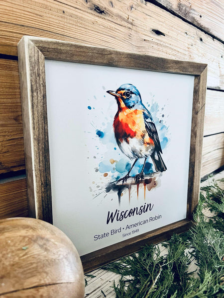 Wisconsin State Bird Sign - Watercolor American Robin Print - Wood Framed Wall Art - Home Decor Gift