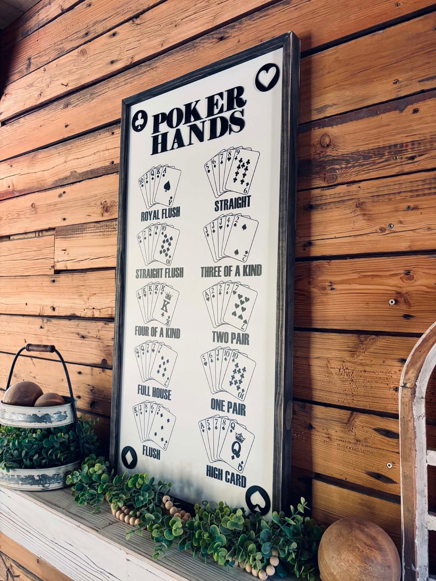 Poker Hands Wood Sign | Game Room Wall Art & Decor | Texas Hold'em Cheat Sheet Sign for Man Cave