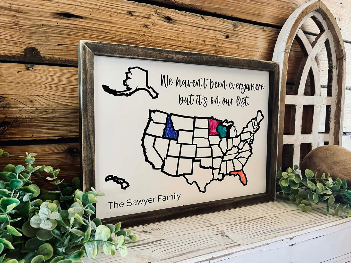 Personalized USA Travel Map Sign | Color-In Travel Tracker Gift