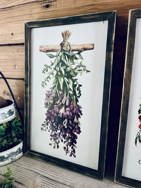 Vintage Flower Market Sign Set – Dried Floral Wall Art – Botanical Farmhouse Decor – Framed Herb Bouquet Prints – Kitchen or Garden Art