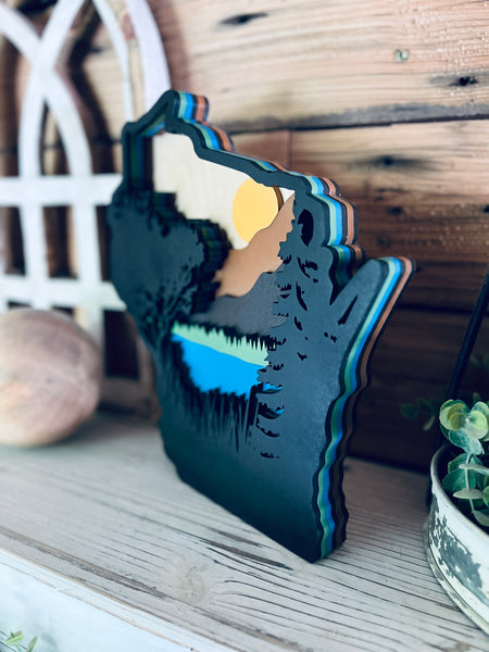 Layered Wisconsin Lake Cutout | Rustic WI Home Decor