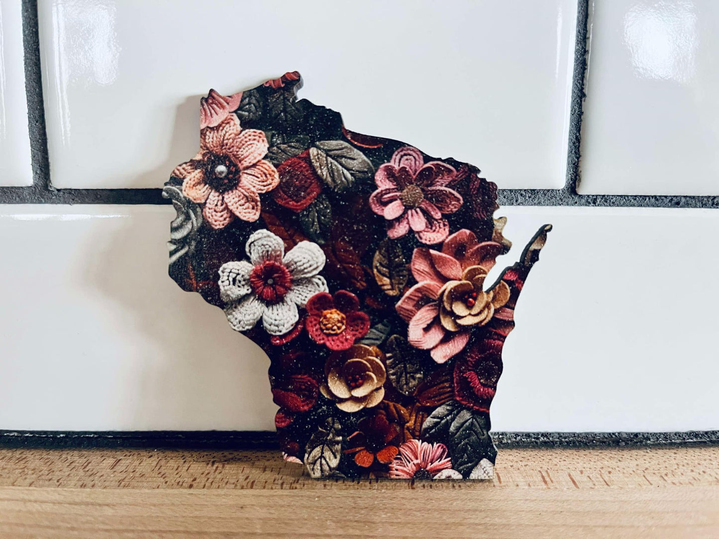 Wisconsin Flower Magnet – 3” MDF Cutout with Printed Embroidered Floral Design – State Shaped Boho Decor – Gift or Souvenir