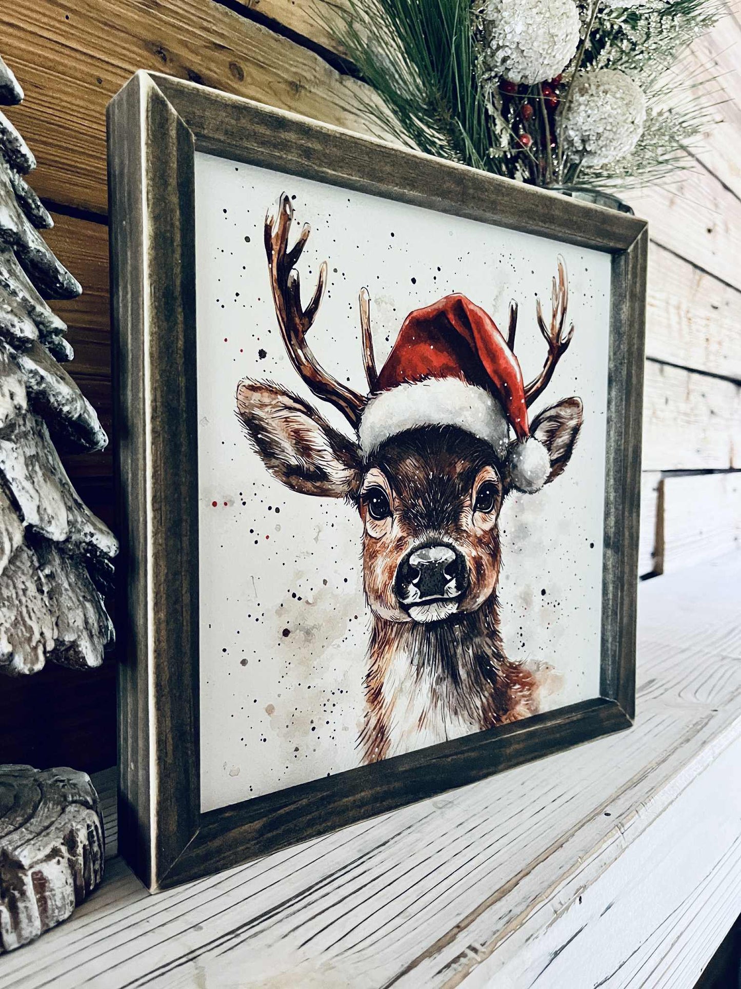 Cute Deer with Santa Hat Christmas Sign – Farmhouse Holiday Wall Décor