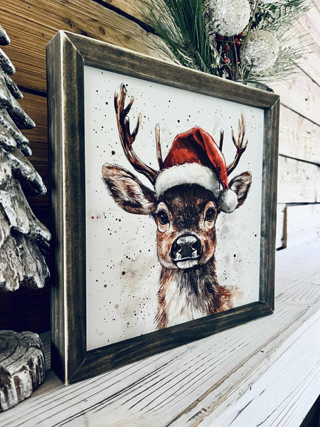 Cute Deer with Santa Hat Christmas Sign – Farmhouse Holiday Wall Décor