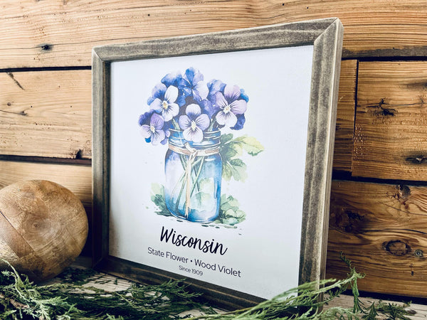 Wisconsin State Flower Wood Sign – Wood Violet Wall Art – Rustic Framed Botanical Print – Farmhouse Decor – State Pride Gift