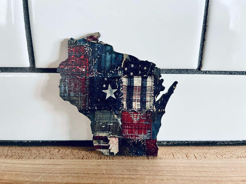 Patriotic Wisconsin Magnet | USA Flag Quilt Design | Americana Kitchen Decor | State Souvenir | Fridge Magnet