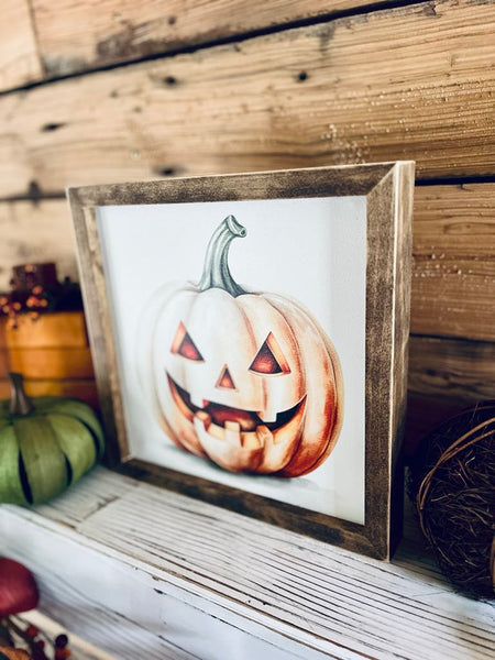 Framed Halloween Jack-o'-Lantern Sign | UV Printed Pumpkin Wall Art | Fall Holiday Decor | Rustic Farmhouse Halloween Sign | 12x12