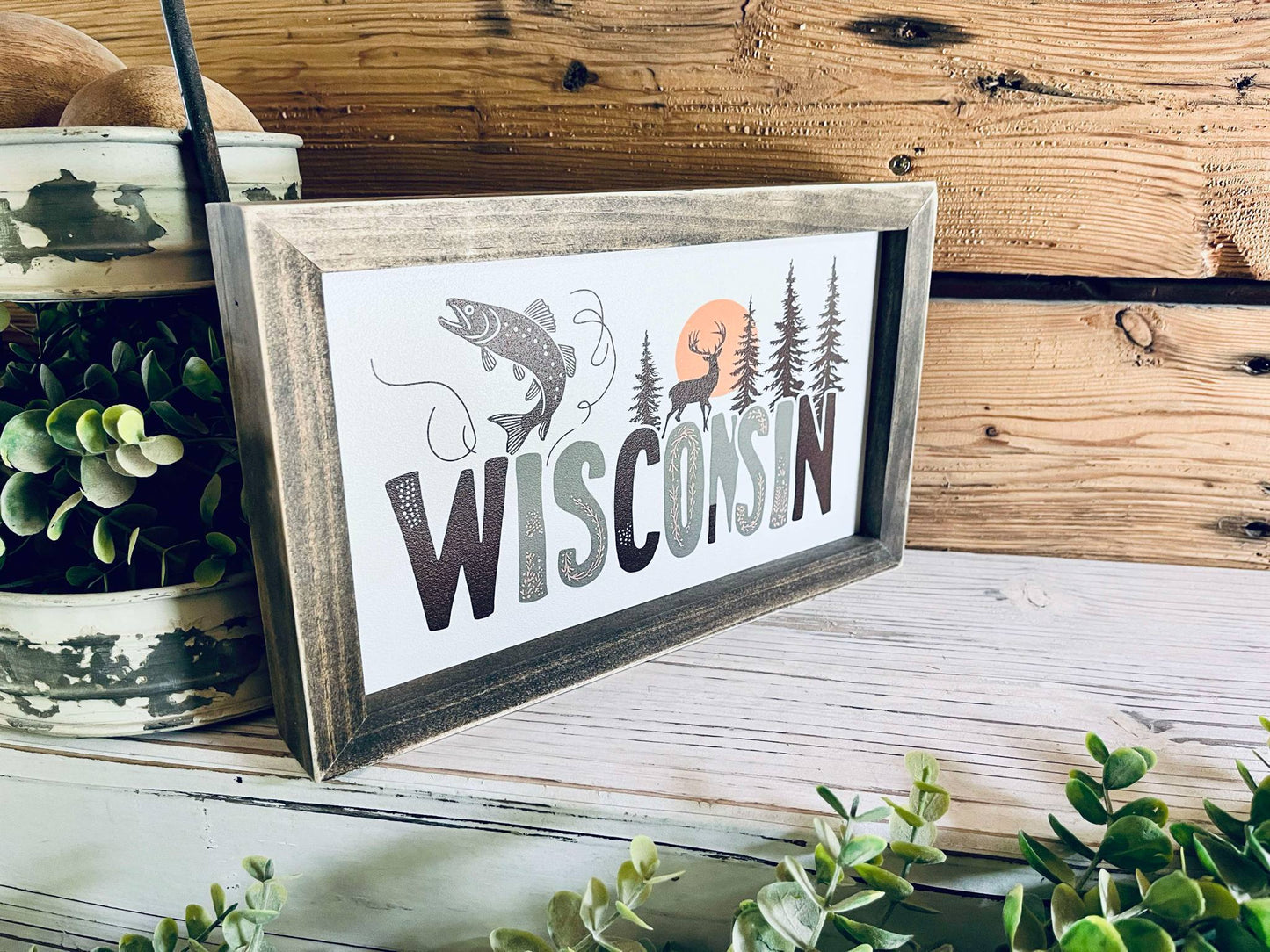 Wisconsin Farmhouse Framed Wood Sign – Deer, Fish & Pine Tree Design – Cabin Wall Art, Lake House Decor, Nature Lover Gift