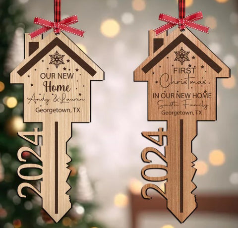 Farmhouse New Home Christmas Ornament | Cut Out Personalized House Key Ornament | First Year in New Home