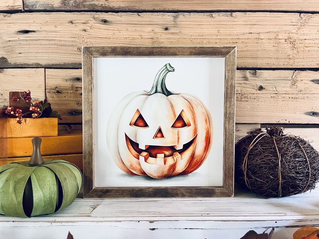Framed Halloween Jack-o'-Lantern Sign | UV Printed Pumpkin Wall Art | Fall Holiday Decor | Rustic Farmhouse Halloween Sign | 12x12