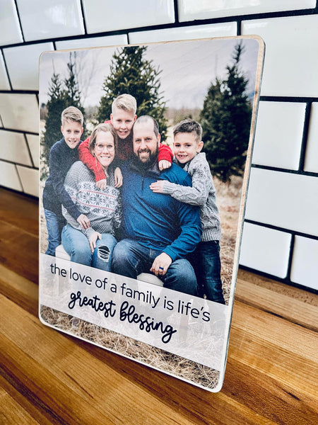 Family Photo on Wood | Custom Shelf Sitter with Personalized Quote or Name