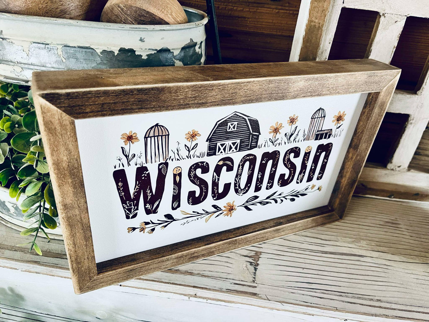 Wisconsin Farmhouse Sign with Flowers | Framed Barn & Silo Wood Wall Art | Country Home Decor | Printed Wisconsin State Sign