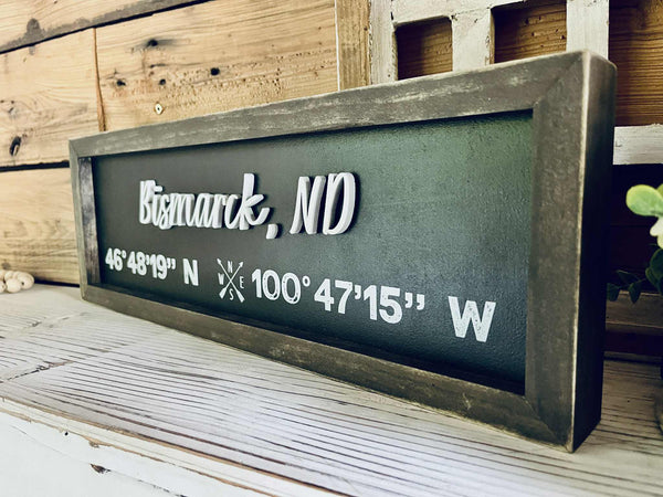 Custom City Coordinate Sign | Personalized Latitude & Longitude Sign | Raised Lettering & UV Printed Coordinates | Framed Wooden Sign | Farmhouse Home Decor
