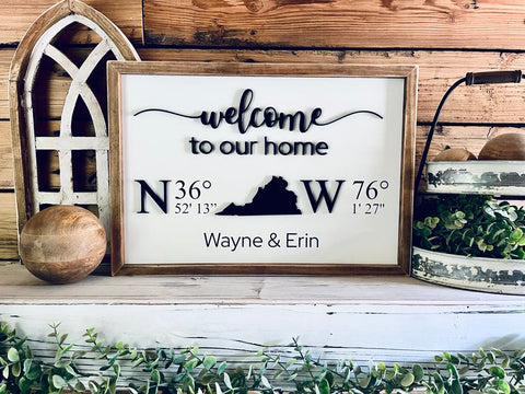 Personalized Welcome Home Sign with GPS Coordinates | Custom Housewarming Gift for New Homeowners | Realtor Closing Gift | Family Name Sign