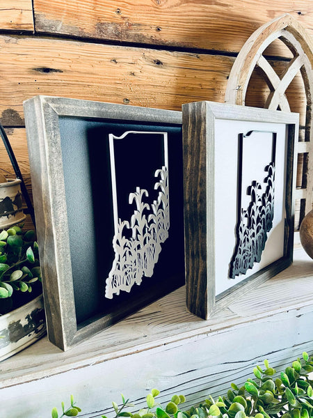 Framed Indiana Cornfield Sign with Raised Lettering – Farmhouse Chic State Outline, 3D Laser Cut Wall Art