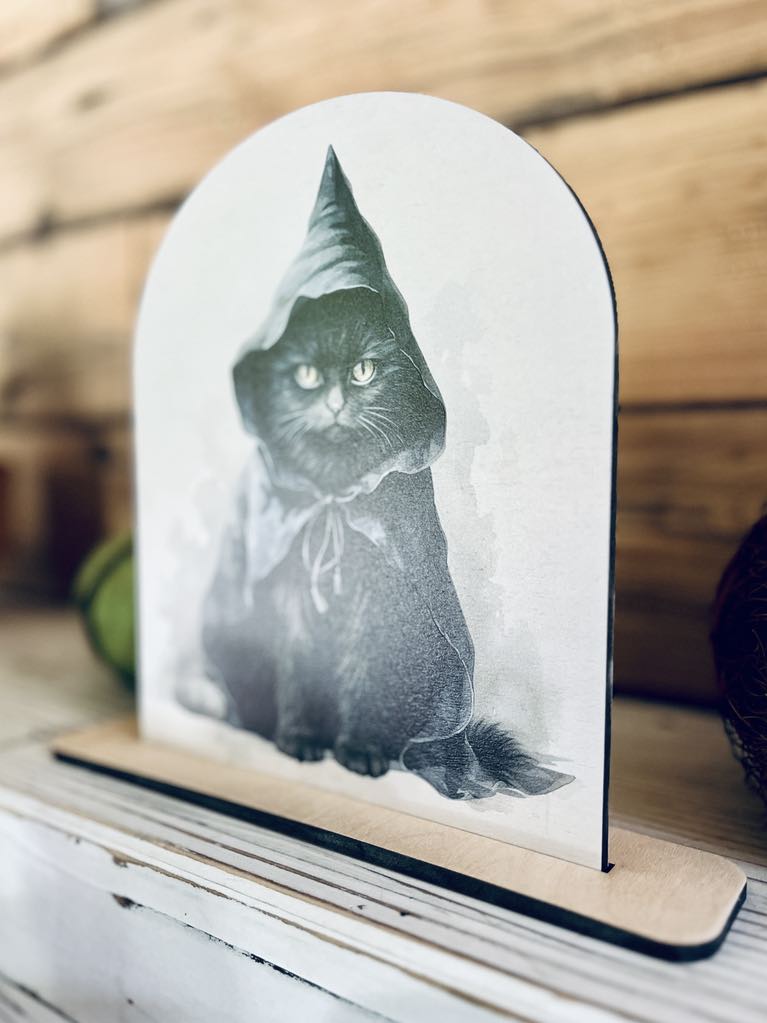 Black Cat Halloween Shelf Sitter | Witch Cat Wood Sign | Spooky Fall Decor | Gothic Cat Art | UV Printed Halloween Decoration