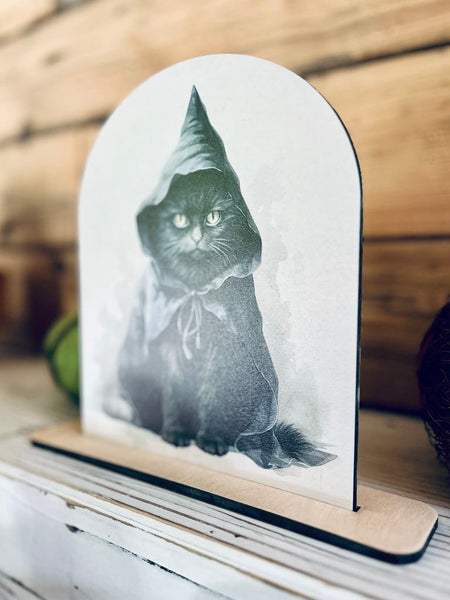 Black Cat Halloween Shelf Sitter | Witch Cat Wood Sign | Spooky Fall Decor | Gothic Cat Art | UV Printed Halloween Decoration