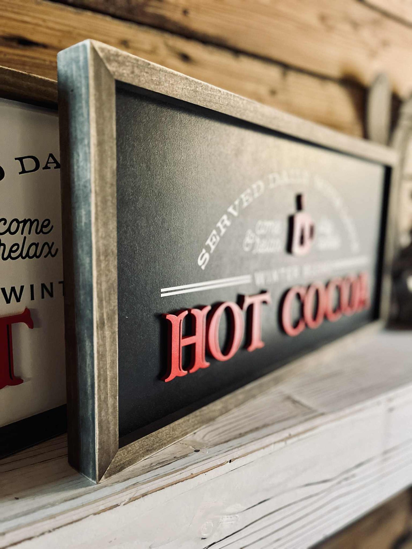 Winter Holiday Farmhouse Sign | Hot Cocoa Served Daily with Raised Lettering