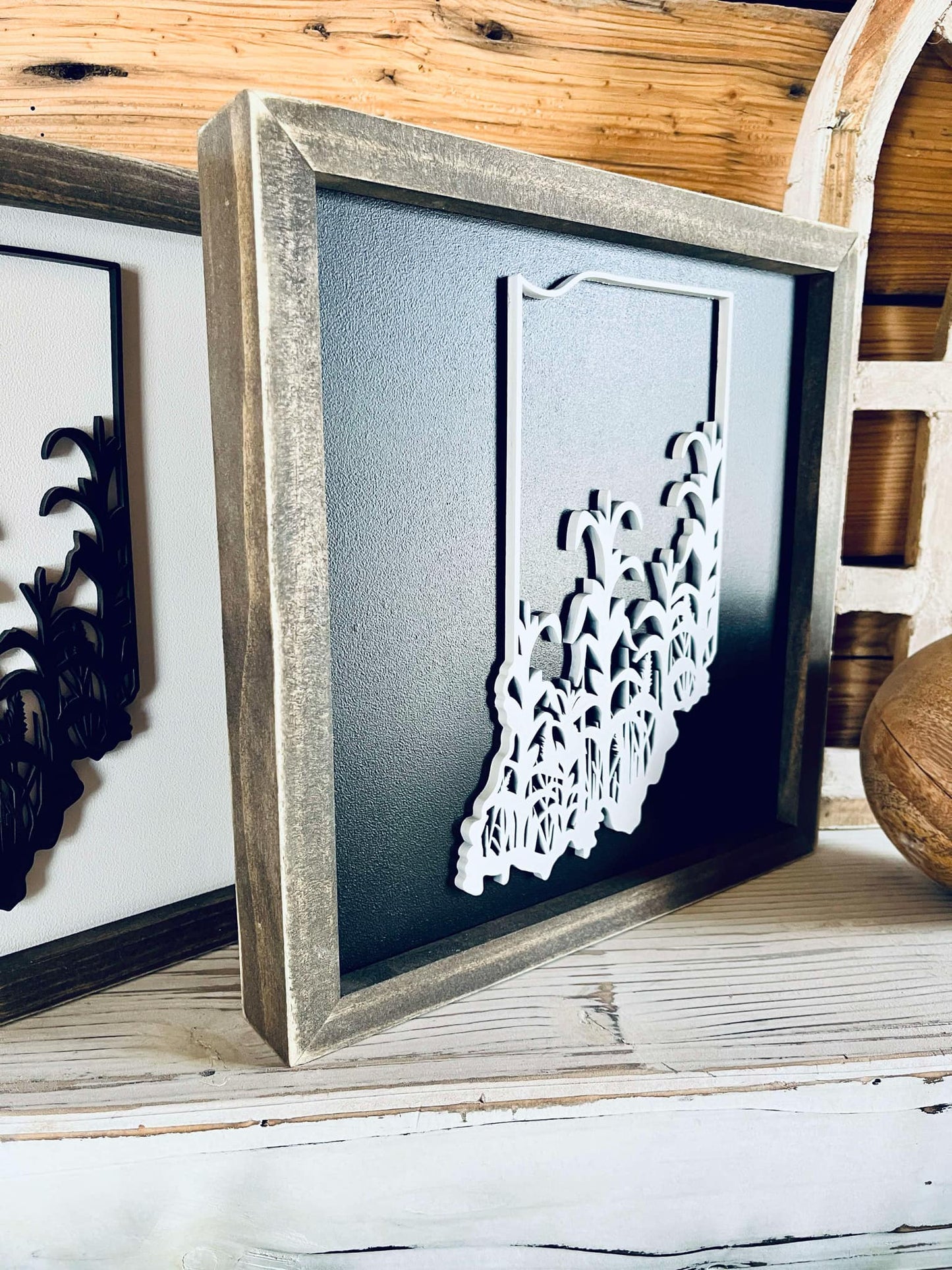 Framed Indiana Cornfield Sign with Raised Lettering – Farmhouse Chic State Outline, 3D Laser Cut Wall Art