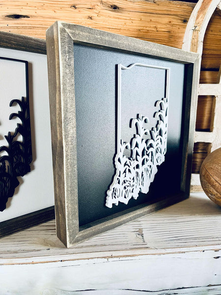Framed Indiana Cornfield Sign with Raised Lettering – Farmhouse Chic State Outline, 3D Laser Cut Wall Art