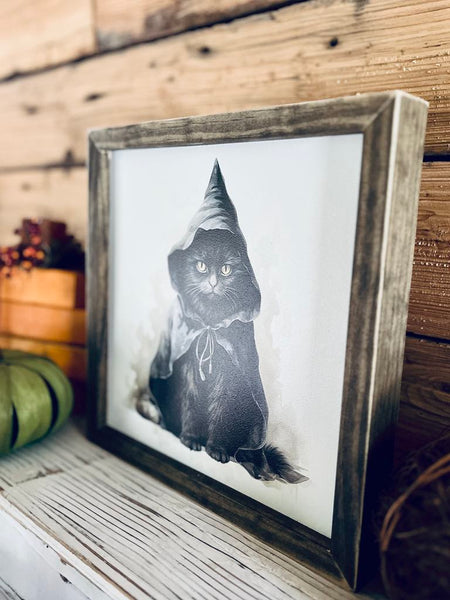 Framed Halloween Black Cat Sign | Witchy Fall Decor | UV Printed Spooky Cat Wall Art | Farmhouse Halloween Sign | 12x12 Print