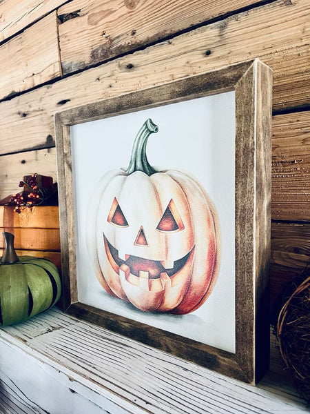 Framed Halloween Jack-o'-Lantern Sign | UV Printed Pumpkin Wall Art | Fall Holiday Decor | Rustic Farmhouse Halloween Sign | 12x12