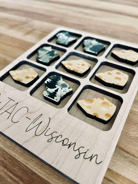 Wisconsin-Themed Tic Tac Toe Travel Game – Laser Cut Wood with Cheese & Forest Print Pieces