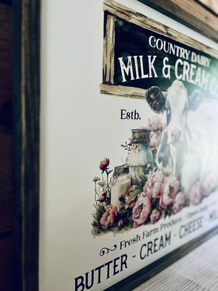 Vintage Country Dairy Cow Farmhouse Sign | Milk and Cream Co Kitchen Wall Art | Rustic Barn Decor with Flowers and Cow | Butter Cream Cheese Milk