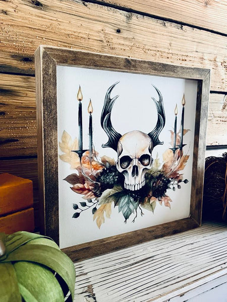Skull Halloween Wall Art | Framed Fall Gothic Decor | UV Printed Skull and Candle Sign | Spooky Autumn Home Accent | 12x12 Print