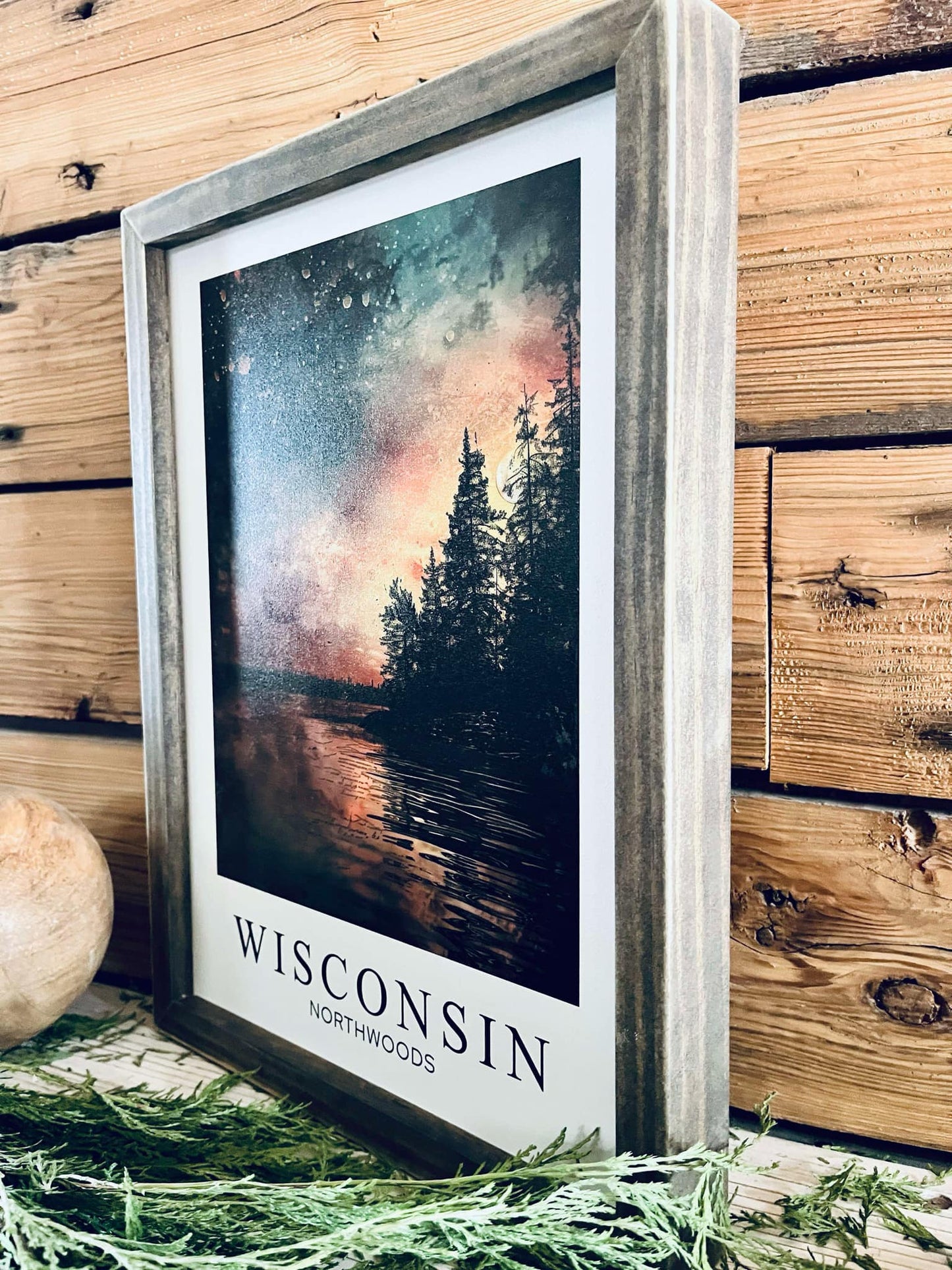 Wisconsin Northwoods Wall Art - Framed Night Sky Print with Lake & Trees | Northern Lights | Cabin Decor | Nature-Inspired Wisconsin Gift