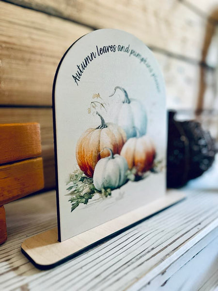 Autumn Pumpkin Decor Sign | Fall Arch Shelf Sitter | Neutral Farmhouse Fall Decoration | UV Printed Wood Sign | Autumn Leaves Display