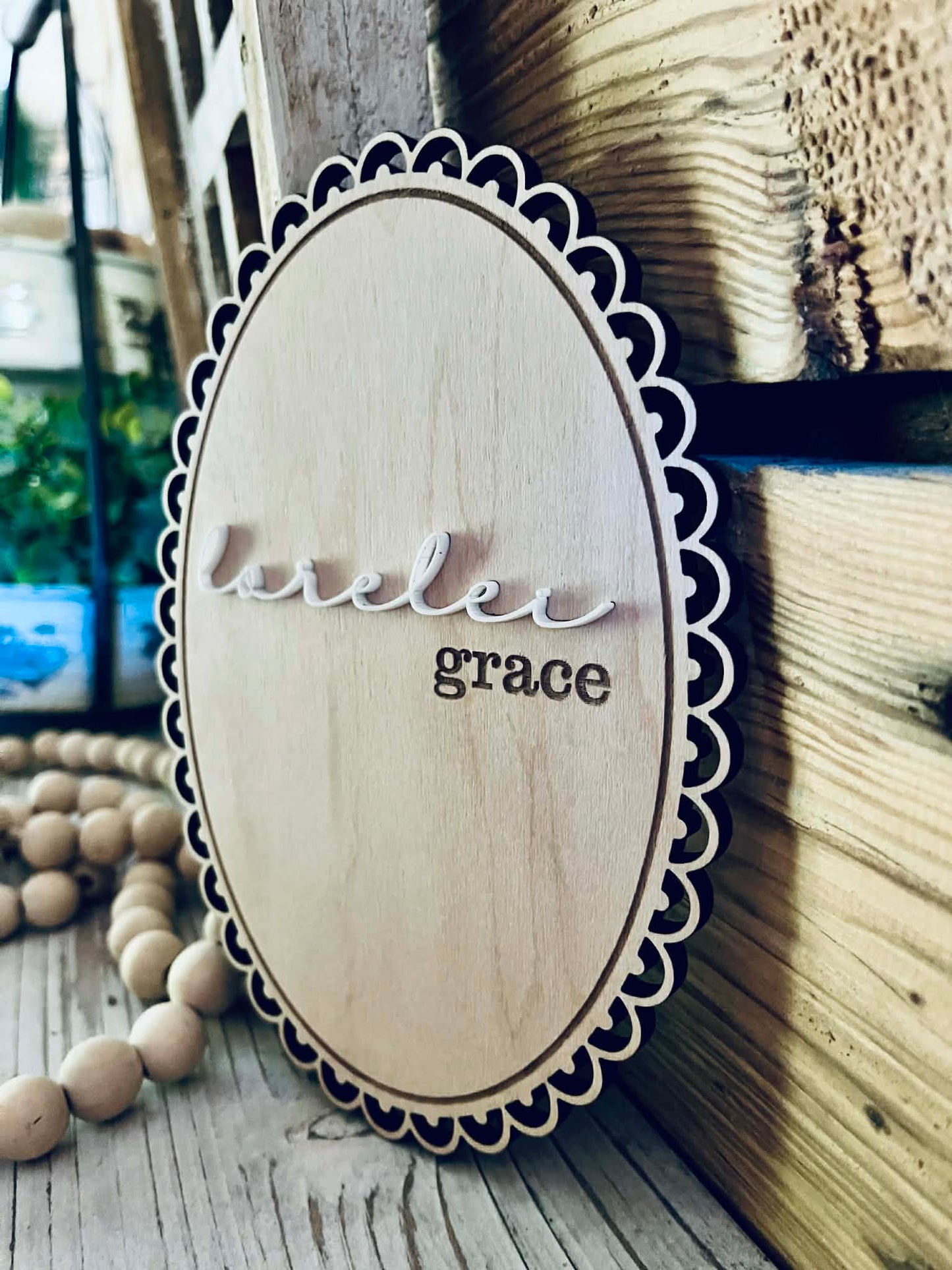 Scalloped Oval Newborn Name Sign - Custom Birth Announcement