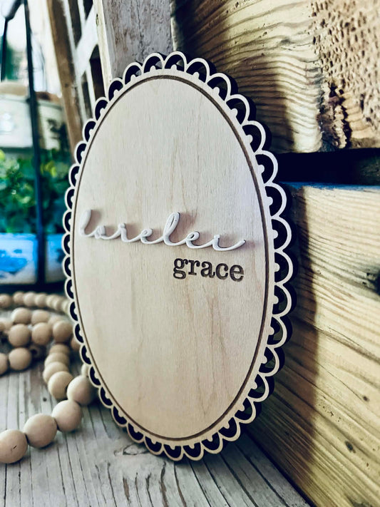 Scalloped Oval Newborn Name Sign - Custom Birth Announcement