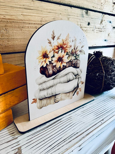 Fall Sweater Weather Shelf Sitter Sign | Cozy Autumn Decor with Sunflowers & Pumpkins | UV Printed Wood Sign for Tiered Tray Display