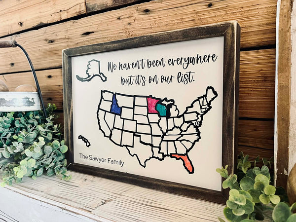 Personalized USA Travel Map Sign | Color-In Travel Tracker Gift