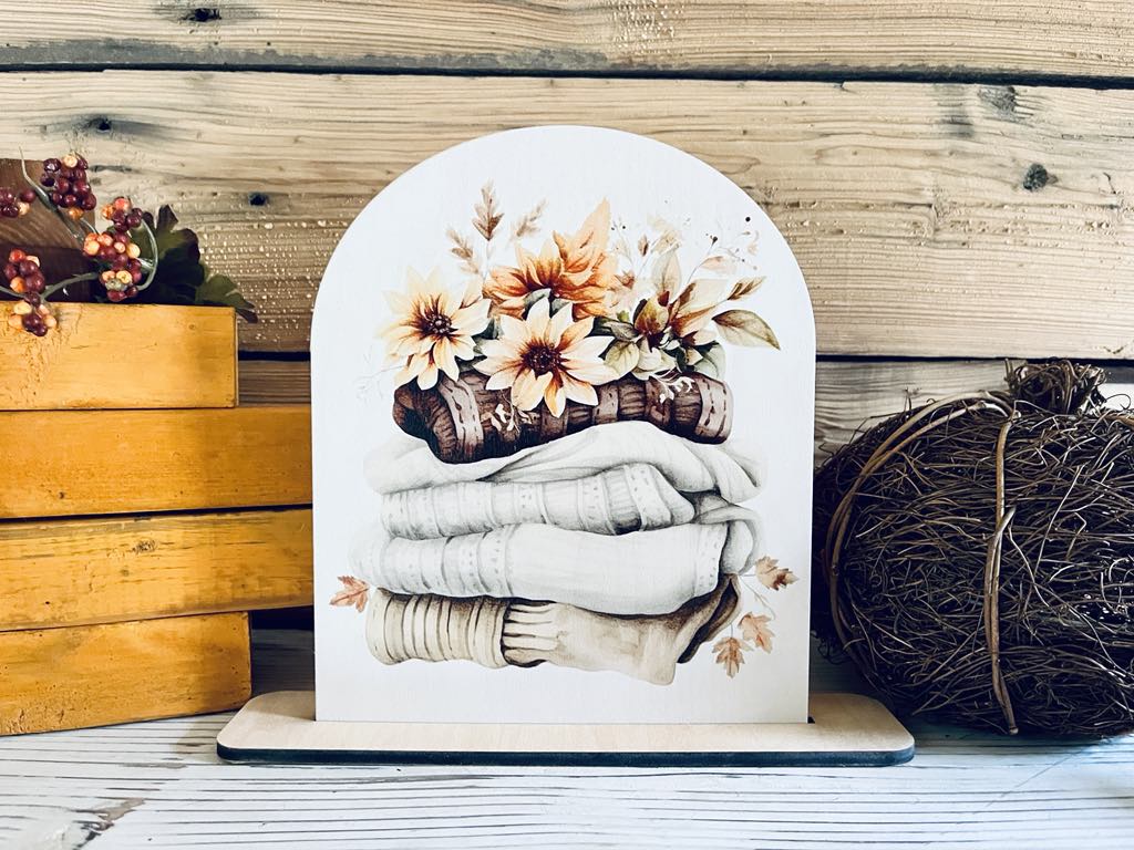 Fall Sweater Weather Shelf Sitter Sign | Cozy Autumn Decor with Sunflowers & Pumpkins | UV Printed Wood Sign for Tiered Tray Display