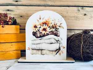 Fall Sweater Weather Shelf Sitter Sign | Cozy Autumn Decor with Sunflowers & Pumpkins | UV Printed Wood Sign for Tiered Tray Display
