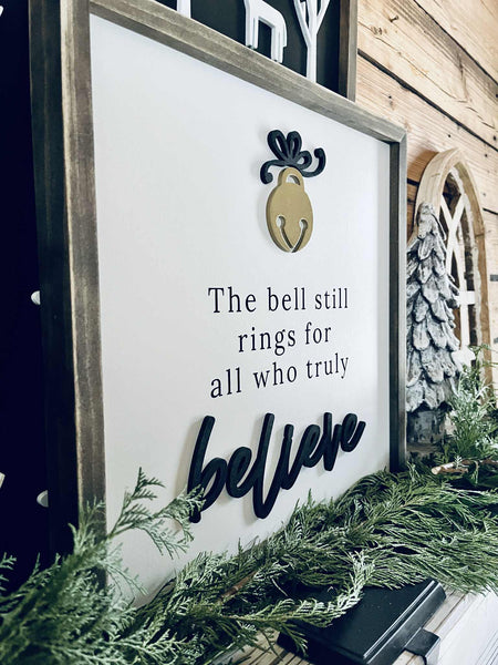 Farmhouse Christmas Believe Sign with Jingle Bell – Holiday Mantel & Wall Decor
