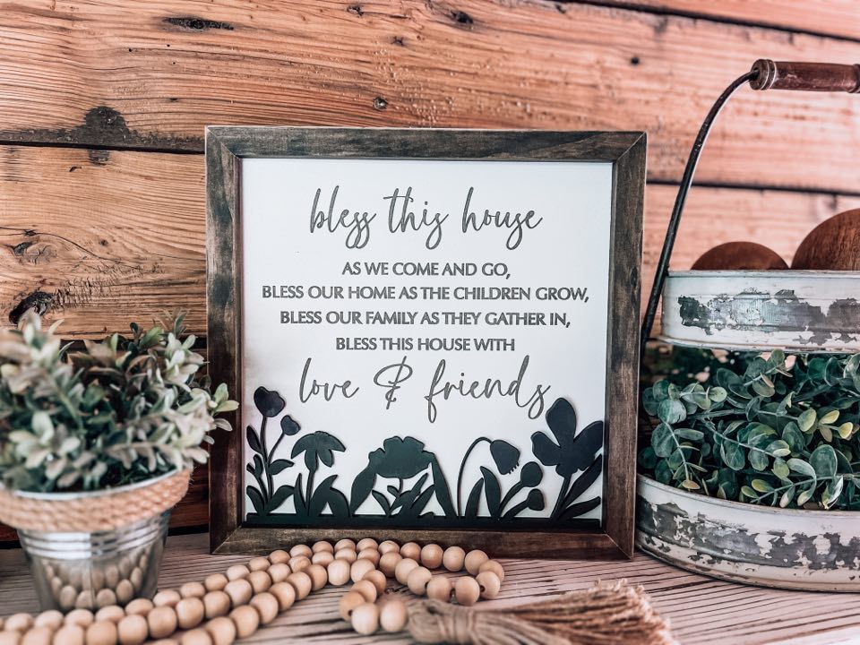 Handmade Bless This House wooden sign with 3D floral cutout and engraved farmhouse poem in a Jacobean wood frame.