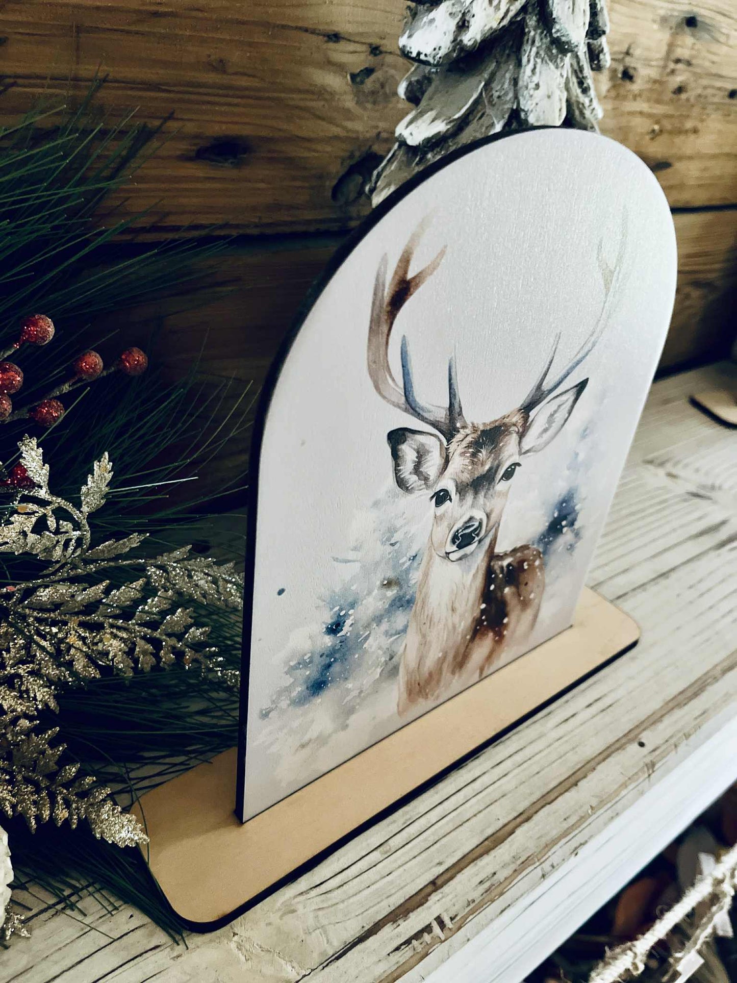 Deer Tabletop Sign – Rustic Farmhouse Christmas Freestanding Holiday Décor