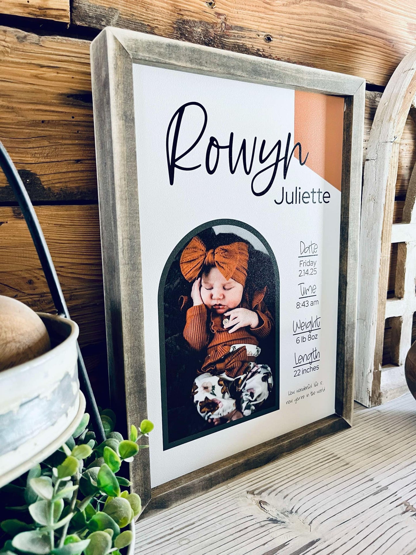Framed 12x16 newborn photo printed on wood with birth statistics