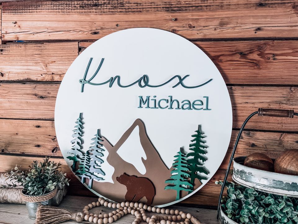 Nursery name sign, mountain name sign, round name good sign, mountain nursery, boy name sign, boy nursery sign, above crib sign, wood name sign