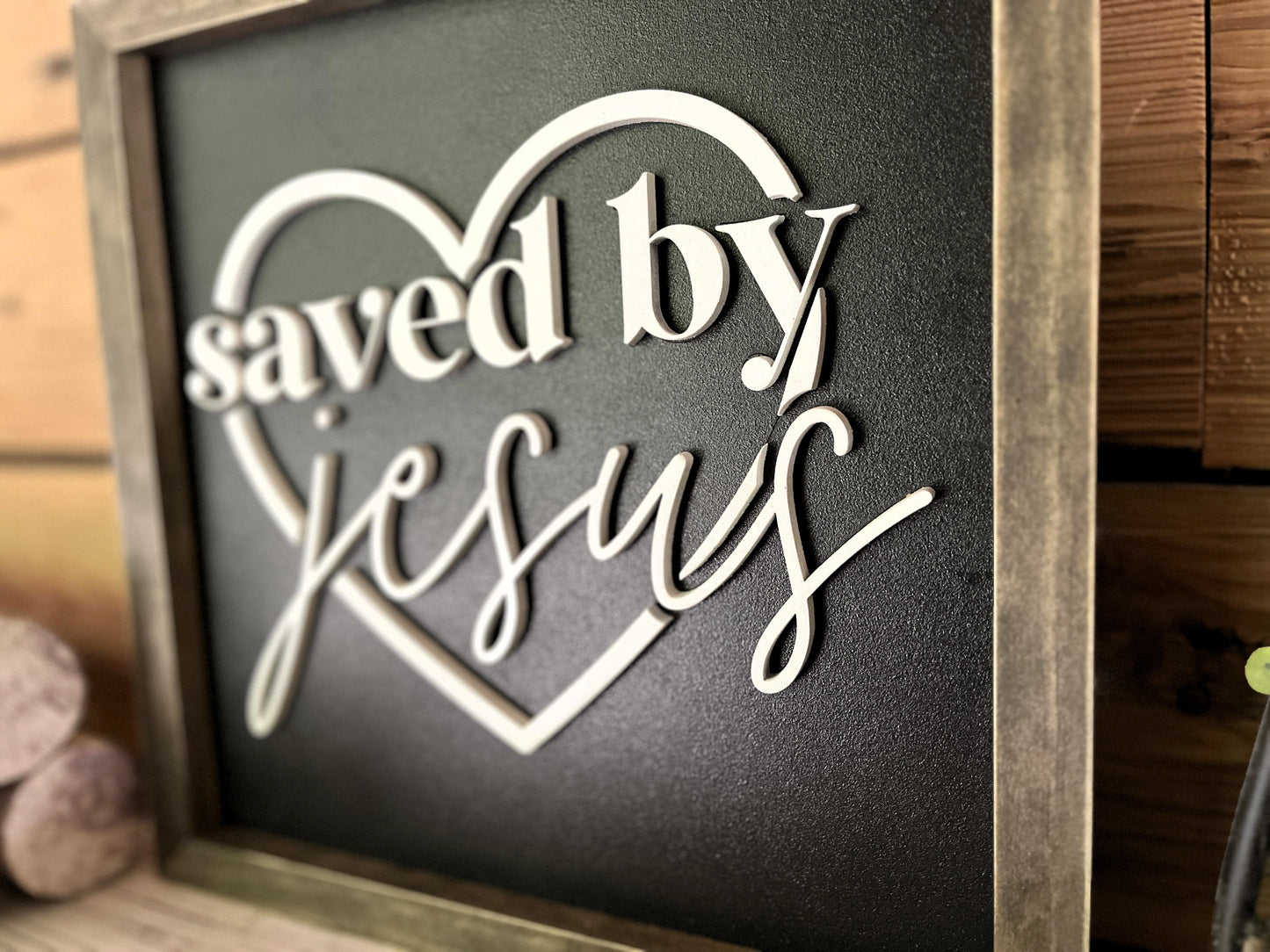 Saved by Jesus Christian Square Sign | Farmhouse Home Decor | Christian Wall Art