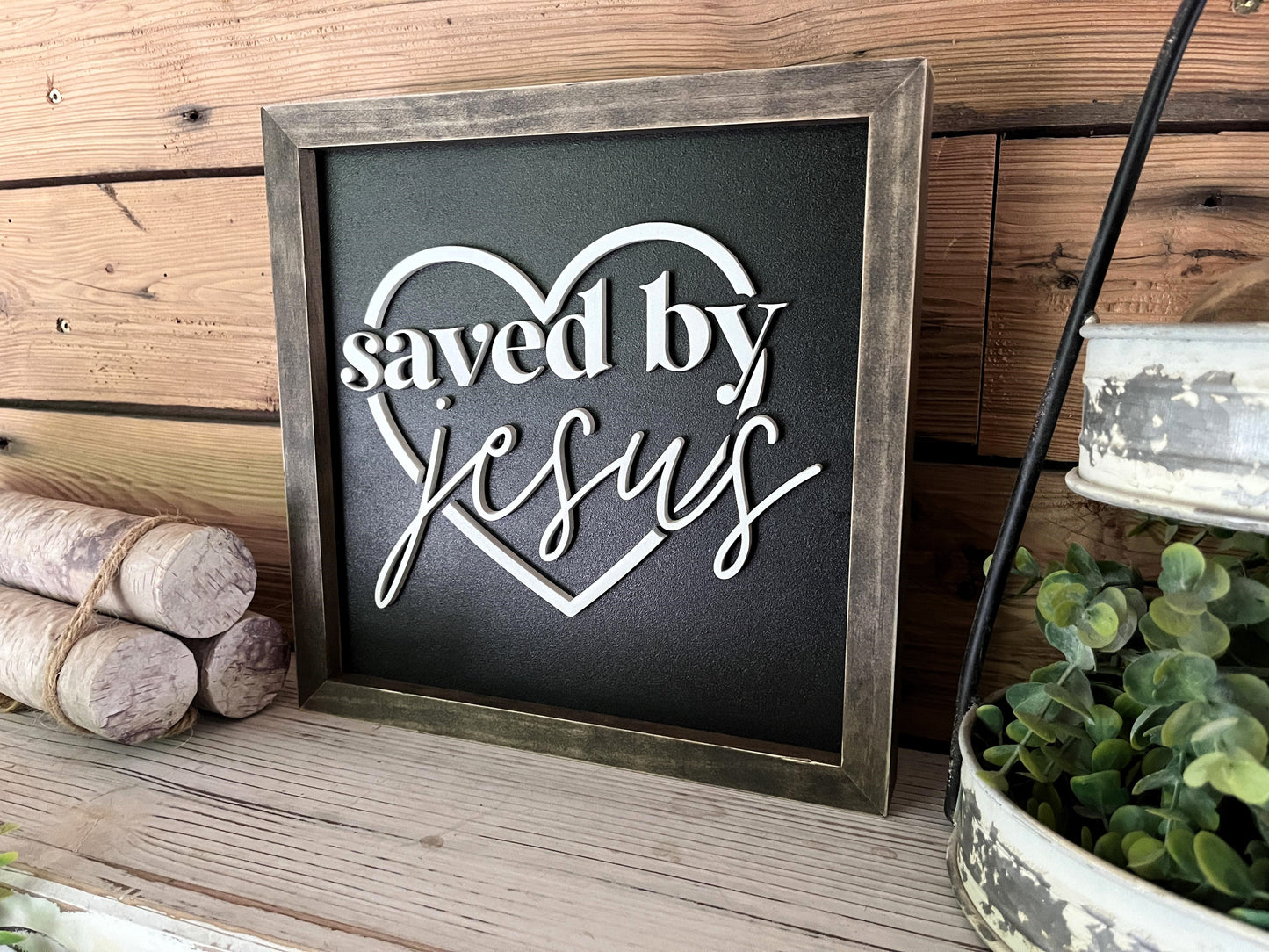 Saved by Jesus Christian Square Sign | Farmhouse Home Decor | Christian Wall Art