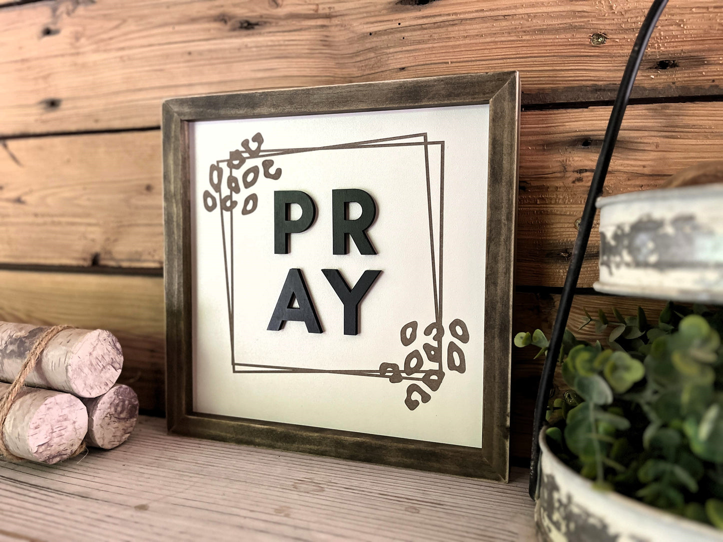 Pray Christian Square Sign | Farmhouse Home Decor | Leopard Print