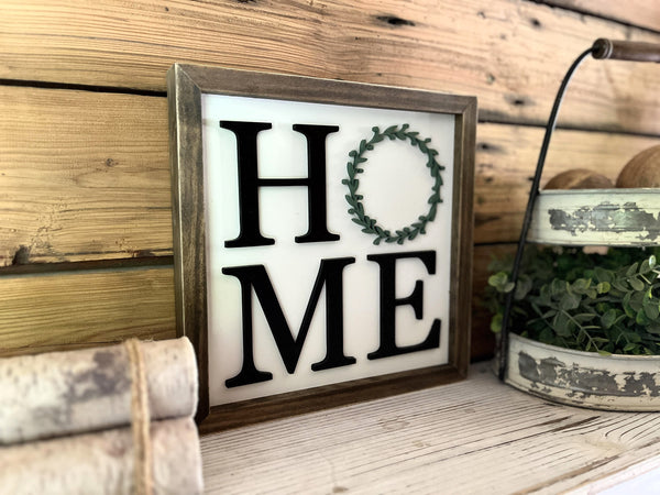Home with Wreath Square Sign | Farmhouse Home Decor