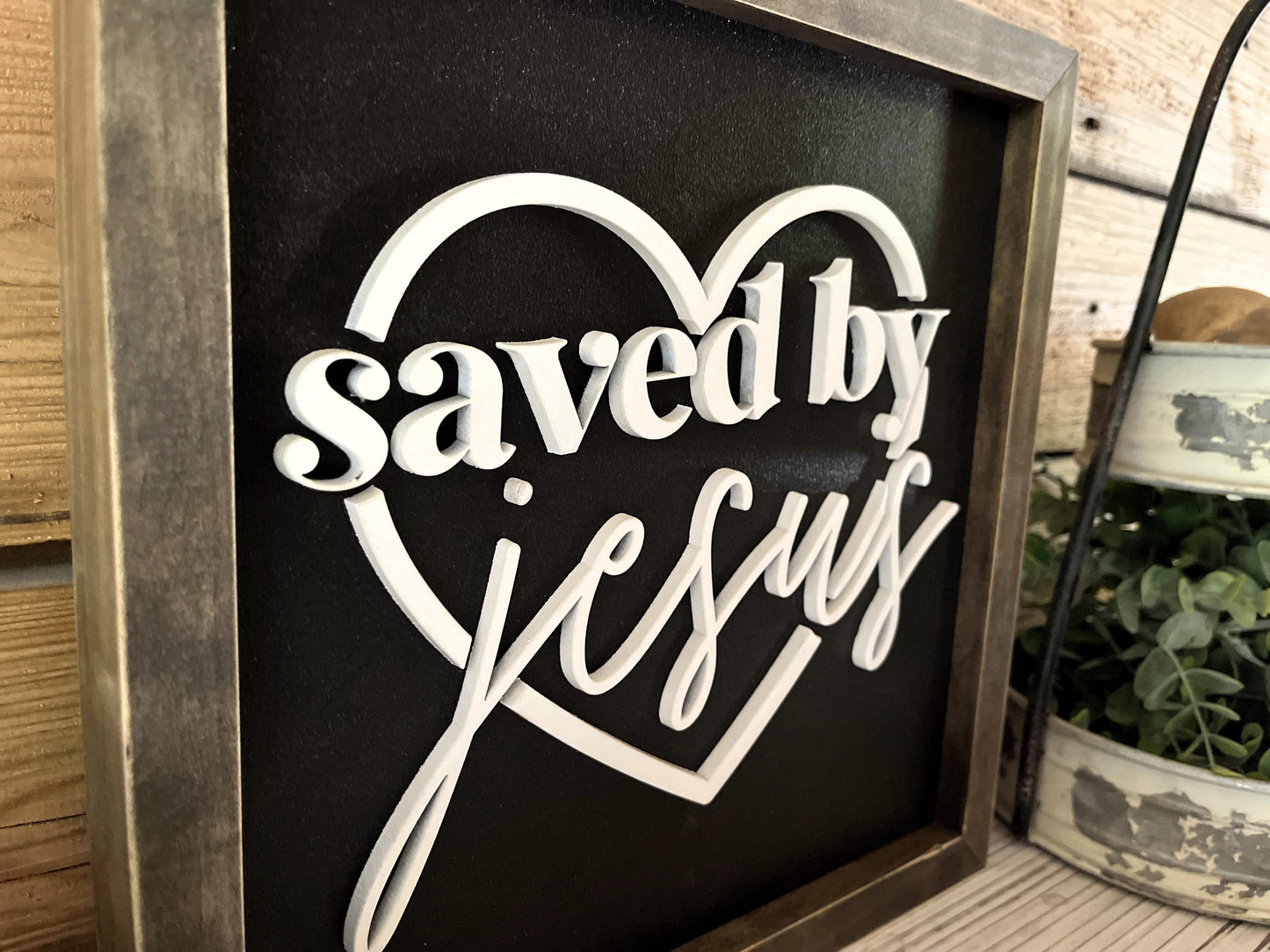 Saved by Jesus Christian Square Sign | Farmhouse Home Decor | Christian Wall Art