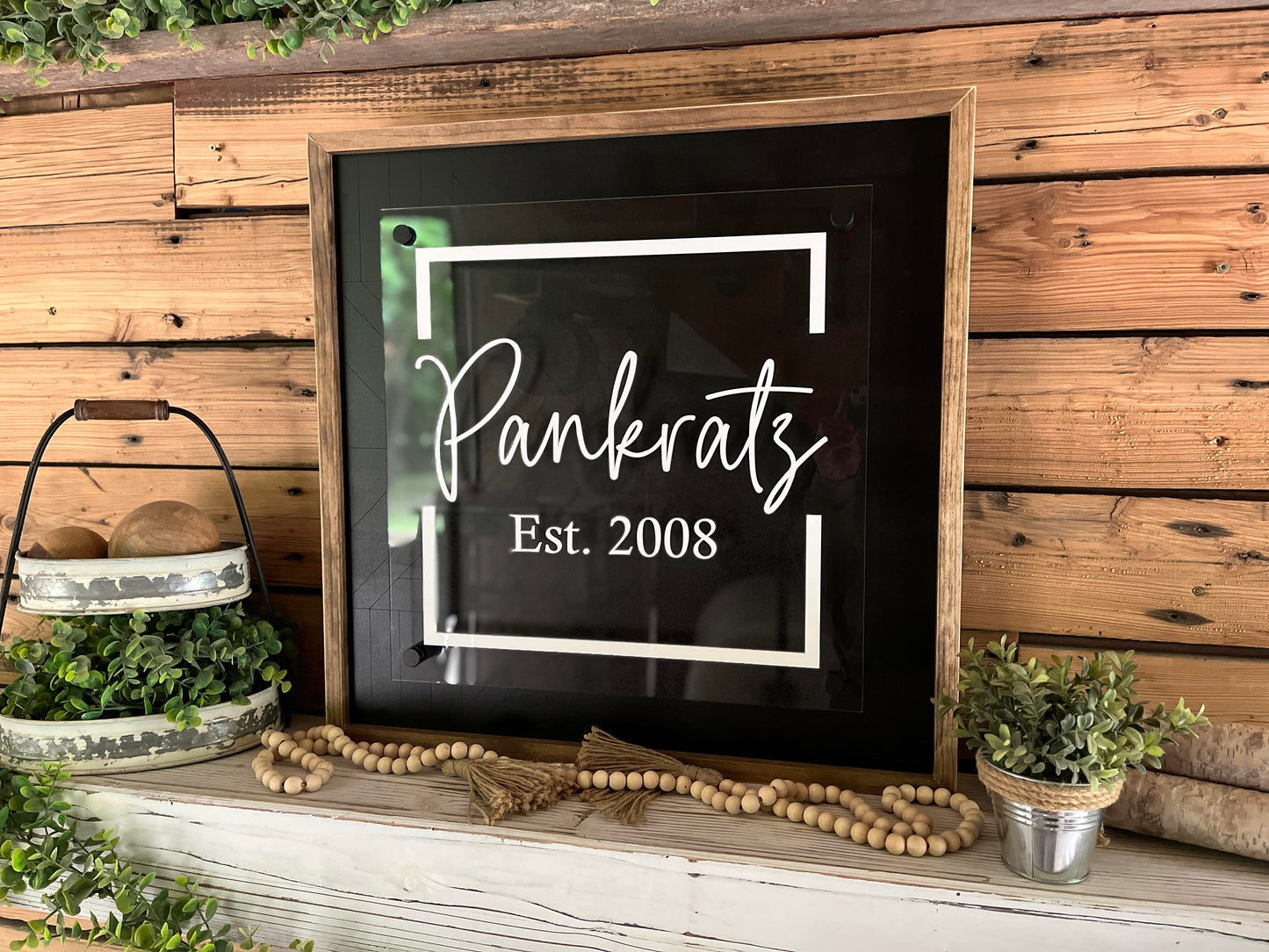 Square Personalized Family Name Sign | Wood and Acrylic Overlay Sign | Mosaic Art | Standoff Sign