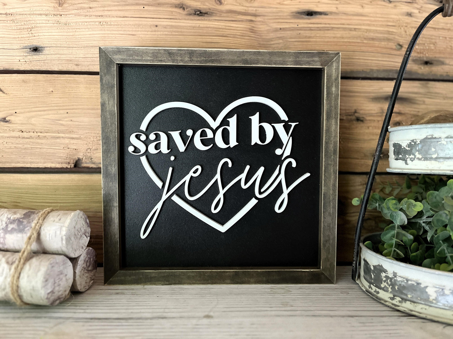 Saved by Jesus Christian Square Sign | Farmhouse Home Decor | Christian Wall Art